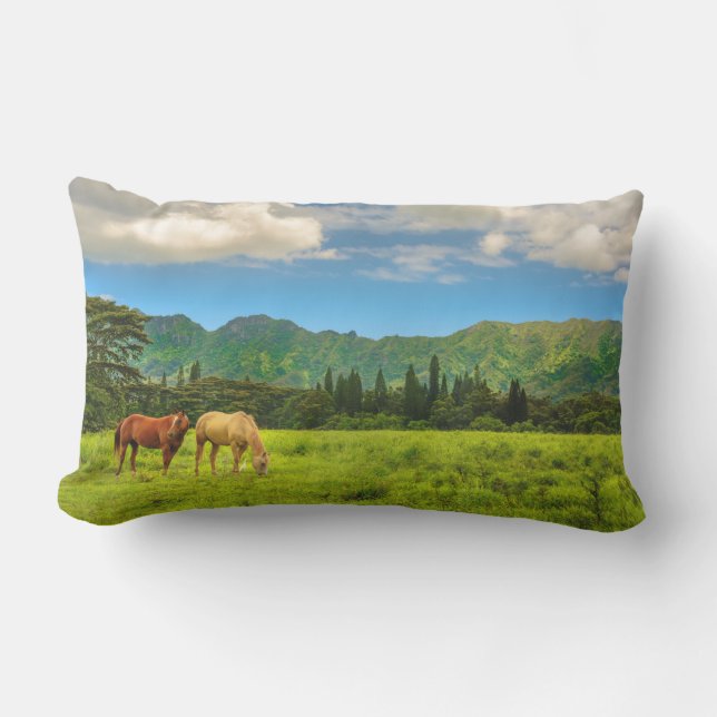 Hawaiian Horses, Hokulei Peak, Kauai, Hawaii Lumbar Cushion (Front)