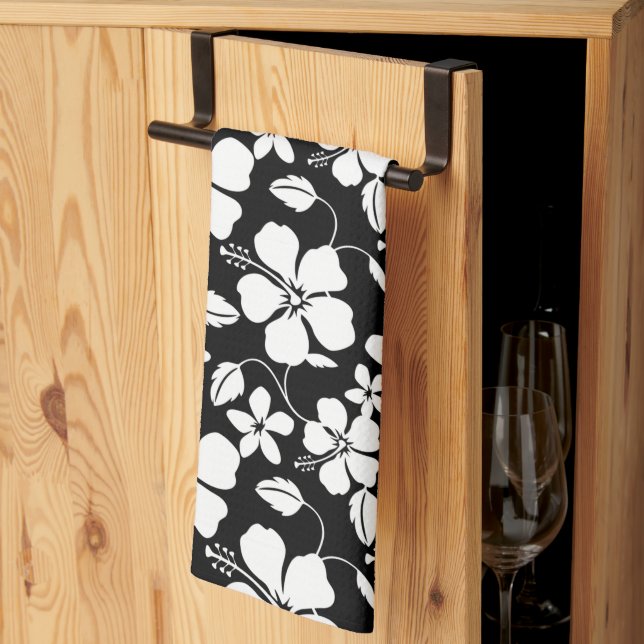 HAWAIIAN HULA (HIBISCUS) BLACK KITCHEN TOWEL (Thirds Fold)