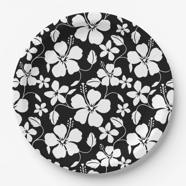 HAWAIIAN HULA (HIBISCUS) BLACK PAPER PLATE (Front)