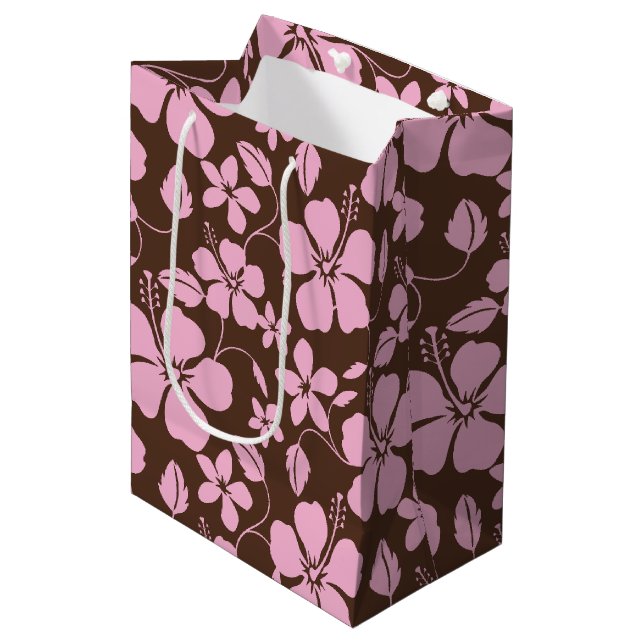 HAWAIIAN HULA (HIBISCUS) BROWN/PINK MEDIUM GIFT BAG (Front Angled)