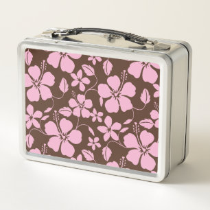 HAWAIIAN HULA (HIBISCUS) BROWN/PINK METAL LUNCH BOX