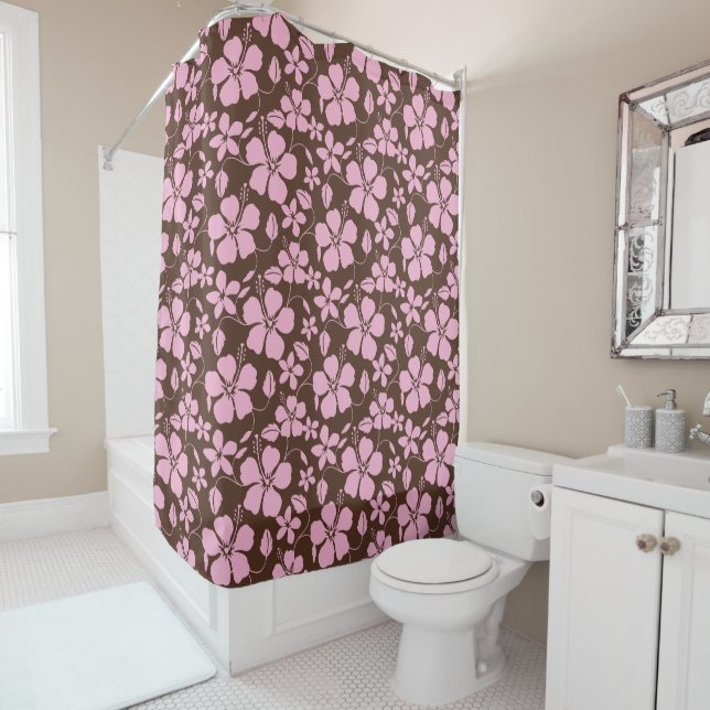 HAWAIIAN HULA (HIBISCUS) BROWN/PINK SHOWER CURTAIN (In Situ)