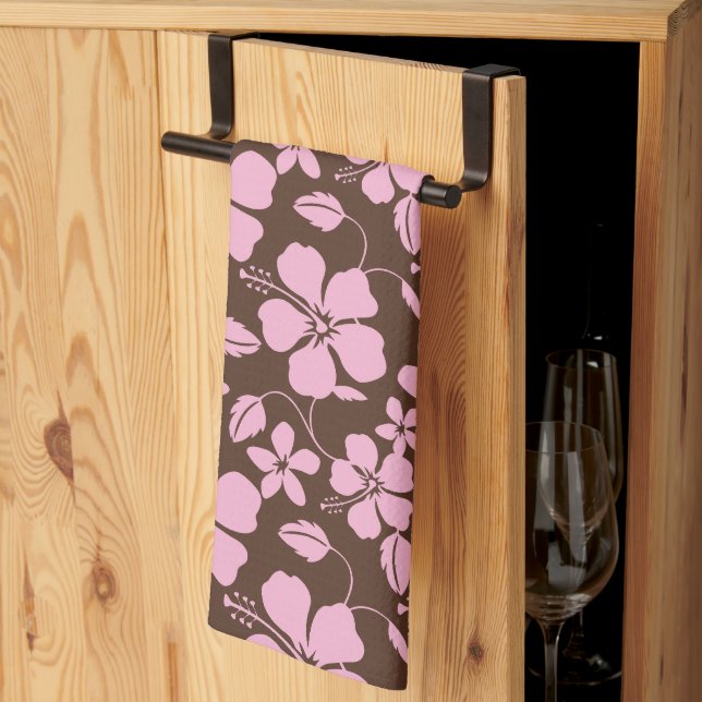 HAWAIIAN HULA (HIBISCUS) BROWN/PINK TEA TOWEL (Thirds Fold)