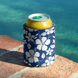 HAWAIIAN HULA (HIBISCUS) PATTERN IN NAVY BLUE CAN COOLER