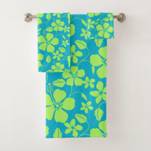 HAWAIIAN HULA (HIBISCUS) TEAL LIME BATH TOWEL SET