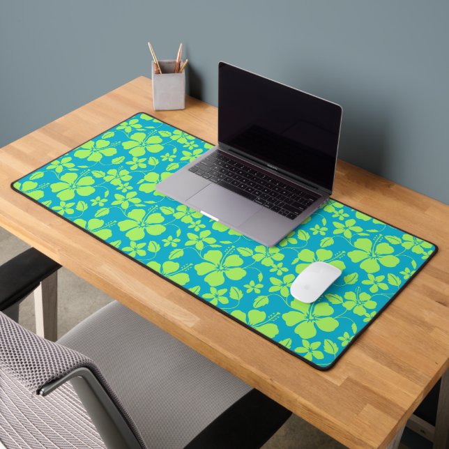 HAWAIIAN HULA (HIBISCUS) TEAL LIME DESK MAT (Office 2)
