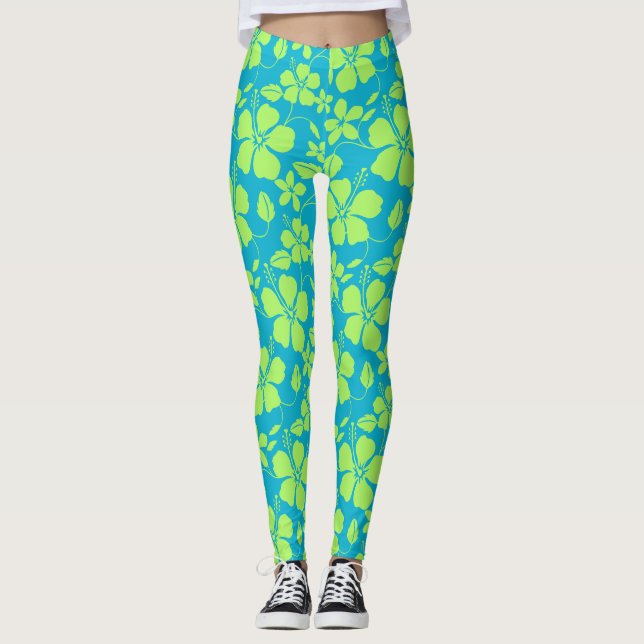 HAWAIIAN HULA (HIBISCUS) TEAL LIME LEGGINGS (Front)