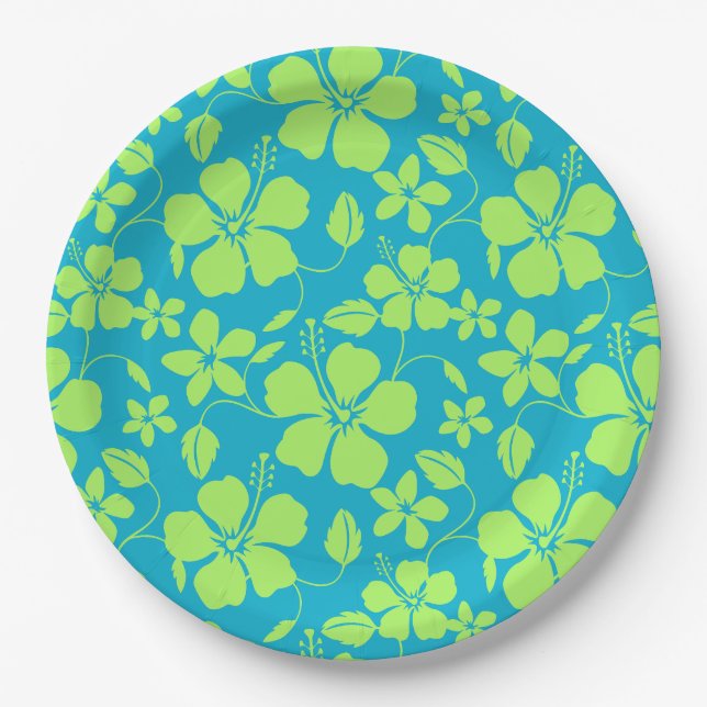HAWAIIAN HULA (HIBISCUS) TEAL LIME PAPER PLATE (Front)