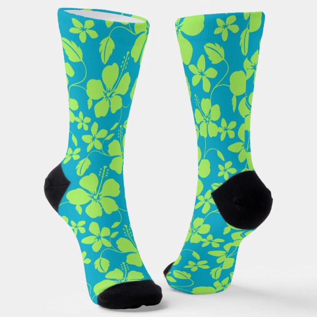 HAWAIIAN HULA (HIBISCUS) TEAL LIME SOCKS (Angled)
