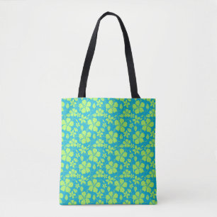 HAWAIIAN HULA (HIBISCUS) TEAL LIME TOTE BAG