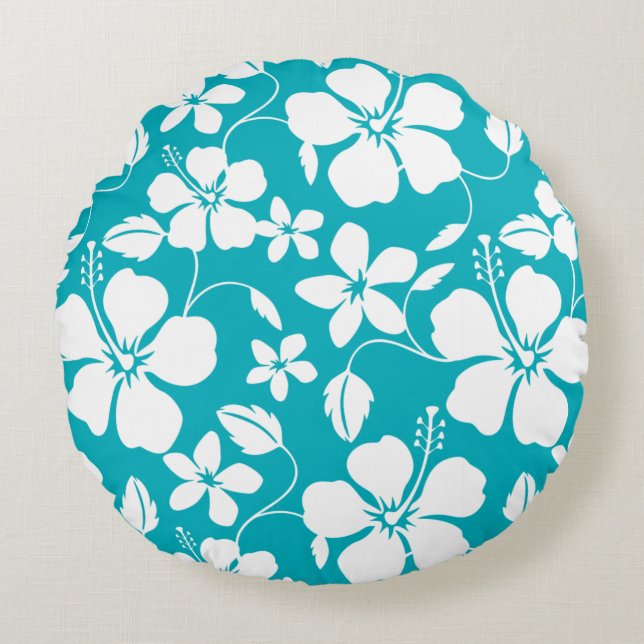 HAWAIIAN HULA (HIBISCUS) TEAL ROUND CUSHION (Front)