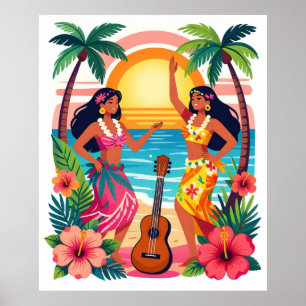 Hawaiian Hula Sunset Beach Tropical Dance Art Poster