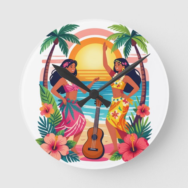 Hawaiian Hula Sunset Beach Tropical Dance Art Round Clock (Front)