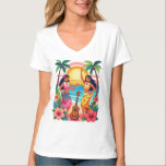 Hawaiian Hula Sunset Beach Tropical Dance Art T-Shirt<br><div class="desc">Colorful Hawaiian hula dancers performing on a tropical beach at sunset with palm trees, hibiscus flowers, and a ukulele. This vibrant island illustration captures the spirit of Hawaii, Polynesian culture, summer vibes, and tropical paradise. Perfect for beach lovers, summer decor, tropical party themes, vacation souvenirs, and Hawaiian style gifts. Perfect...</div>