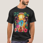 Hawaiian Hula Sunset Beach Tropical Dance Art T-Shirt<br><div class="desc">Colorful Hawaiian hula dancers performing on a tropical beach at sunset with palm trees, hibiscus flowers, and a ukulele. This vibrant island illustration captures the spirit of Hawaii, Polynesian culture, summer vibes, and tropical paradise. Perfect for beach lovers, summer decor, tropical party themes, vacation souvenirs, and Hawaiian style gifts. Perfect...</div>