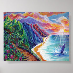 Hawaiian Humpback Whale Breaching at Sunset Poster