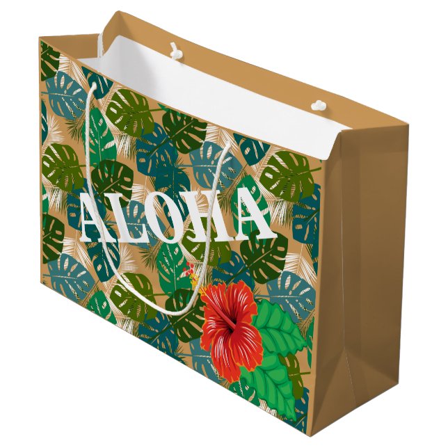 Hawaiian Jungle Foliage Hibiscus ALOHA Large Gift Bag (Front Angled)