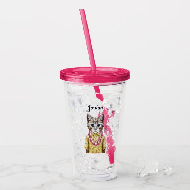 Hawaiian Kitty Cat | Add Your Name Acrylic Tumbler (Front Ice)