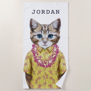 Hawaiian Kitty Cat   Add Your Name Beach Towel