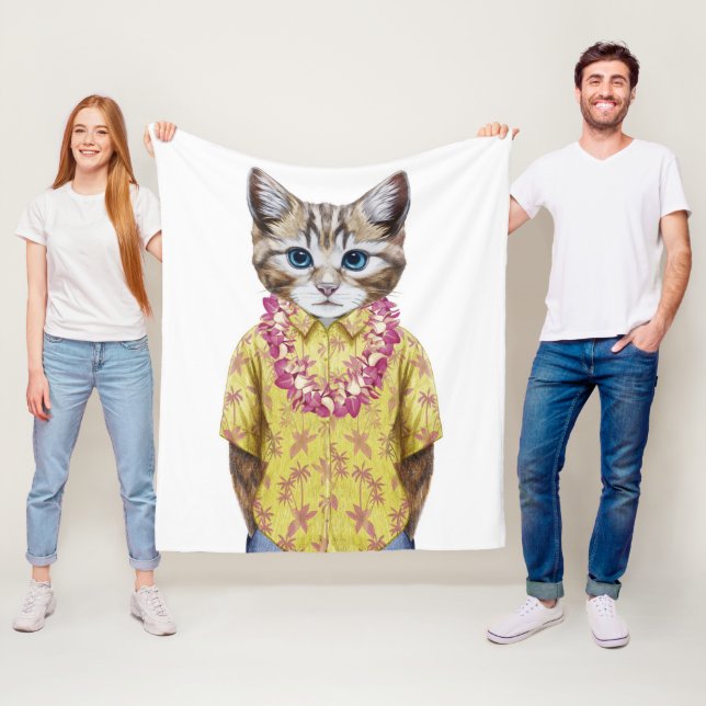 Hawaiian Kitty Cat Fleece Blanket (In Situ)