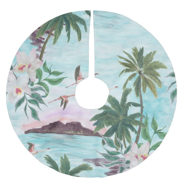 Hawaiian Landscape Flamingo Watercolor Pattern Brushed Polyester Tree Skirt (Front)