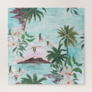 Hawaiian Landscape Flamingo Watercolor Pattern Jigsaw Puzzle