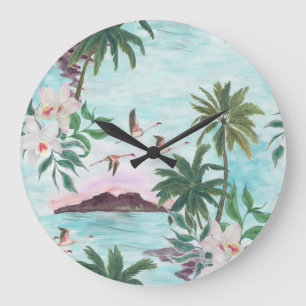 Hawaiian Landscape Flamingo Watercolor Pattern Large Clock