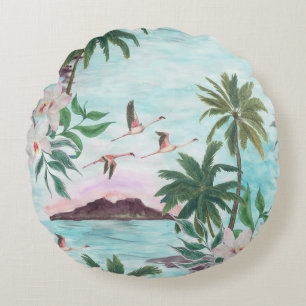 Hawaiian Landscape Flamingo Watercolor Pattern Round Cushion