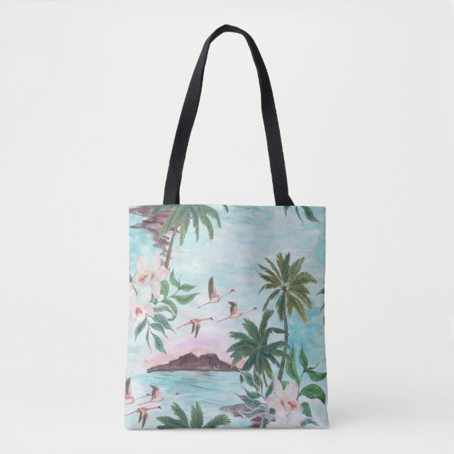 Hawaiian Landscape Flamingo Watercolor Pattern Tote Bag (Front)