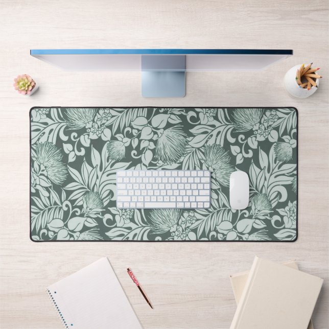 Hawaiian Lehua and Kukui in Seafoam Green Desk Mat (Office 1)