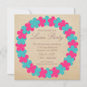 Hawaiian Lei Luau Party Invitation, Aqua and Pink Invitation