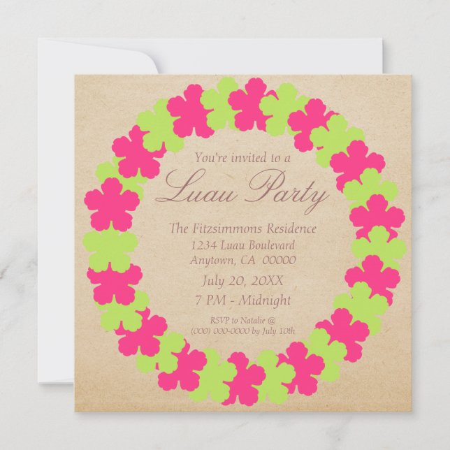 Hawaiian Lei Luau Party Invitation, Pink & Green Invitation (Front)