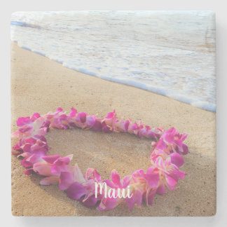 Hawaiian Lei on Sandy Beach Stone Coaster