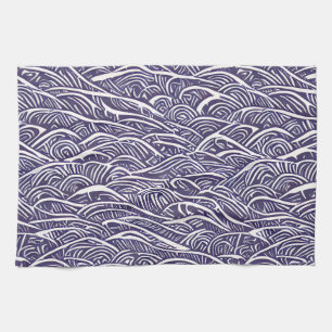 Hawaiian Linocut Waves and Surf  Tea Towel