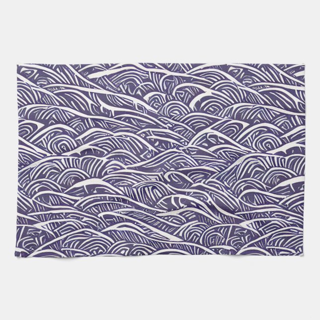 Hawaiian Linocut Waves and Surf  Tea Towel (Horizontal)