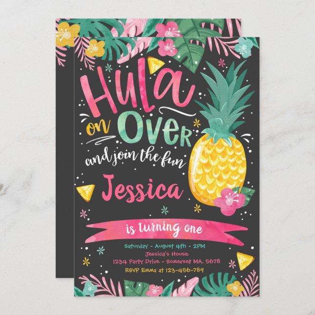 Hawaiian Luau Birthday Party Pineapple Luau Pool Invitation (Front/Back)