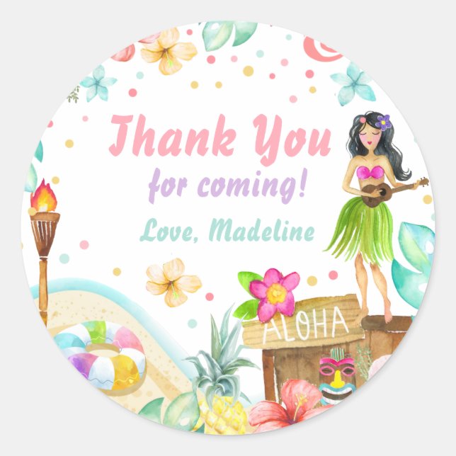 Hawaiian Luau Birthday Tropical Pool Party Pastel  Classic Round Sticker (Front)