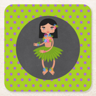 Hawaiian Luau girl Birthday Party Square Paper Coaster