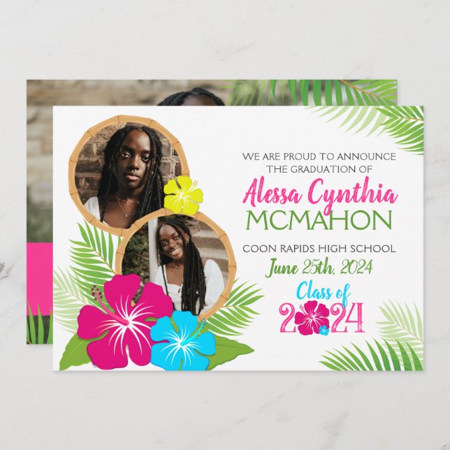 Hawaiian Luau Graduation 3 Photo Announcement (Front/Back)