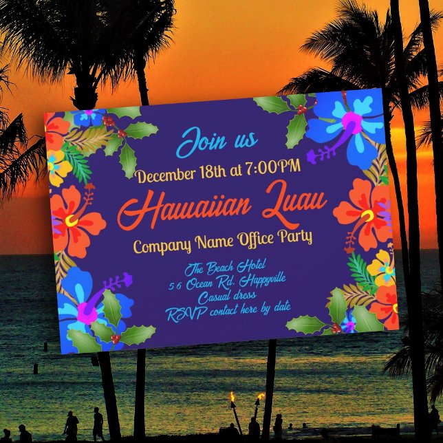 Hawaiian Luau Holiday Party Hibiscus n Holly Invitation (Creator Uploaded)