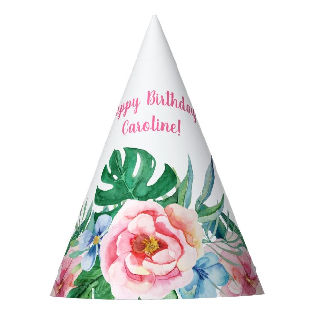 Hawaiian Luau Party Tropical Floral Pink Birthday Hat (Front)