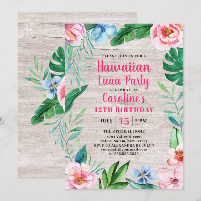 Hawaiian Luau Party Tropical Floral Wood Birthday Invitation (Front/Back)
