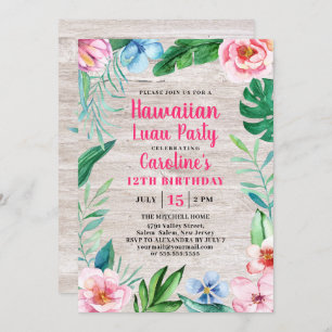 Hawaiian Luau Party Tropical Floral Wood Birthday Invitation