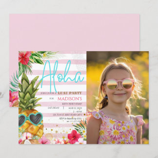 Hawaiian Luau Pineapple Girl Picture Birthday  Invitation