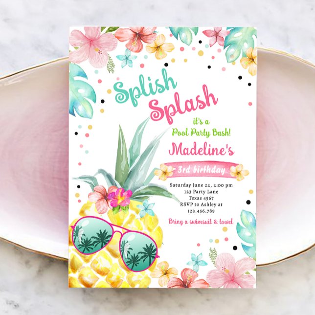 Hawaiian Luau Pineapple Pool Party Girl Birthday Invitation (Creator Uploaded)