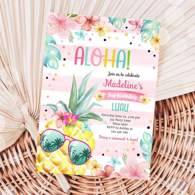 Hawaiian Luau Pineapple Tropical Girl Birthday  Invitation (Creator Uploaded)