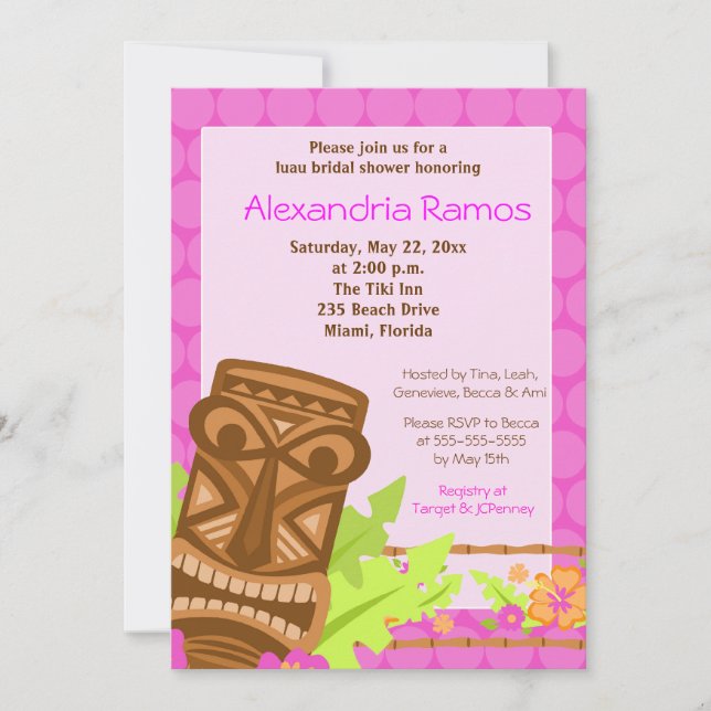Hawaiian Luau Tiki 5x7 Bridal Shower Invite (Front)