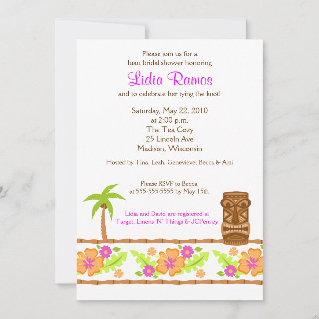 Hawaiian Luau Tropical 5x7 Bridal Shower Invite (Front)