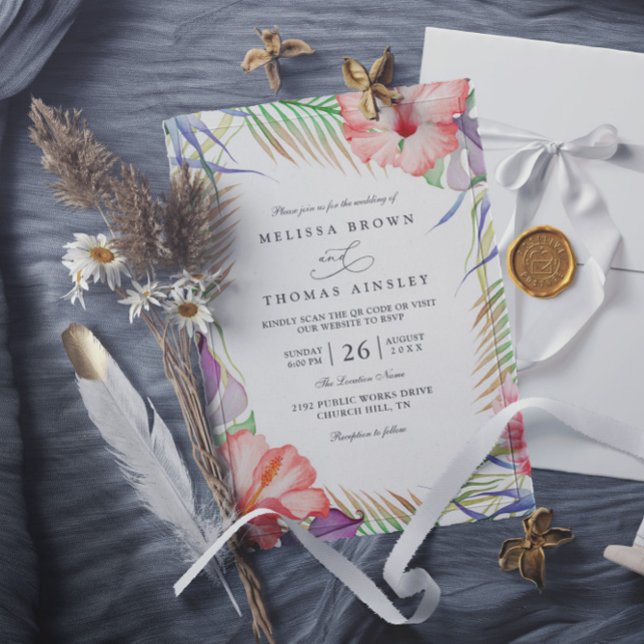 Hawaiian Luau Tropical Floral QR Code Wedding Invitation (Creator Uploaded)