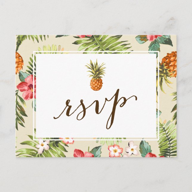 Hawaiian Luau Tropical Leaves Pineapple RSVP Invitation Postcard (Front)
